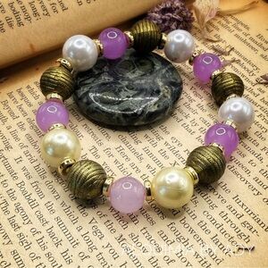 Purple Jade Bracelet • White & Cream Pearls • Gold Rustic Tone • Chunky 15mm